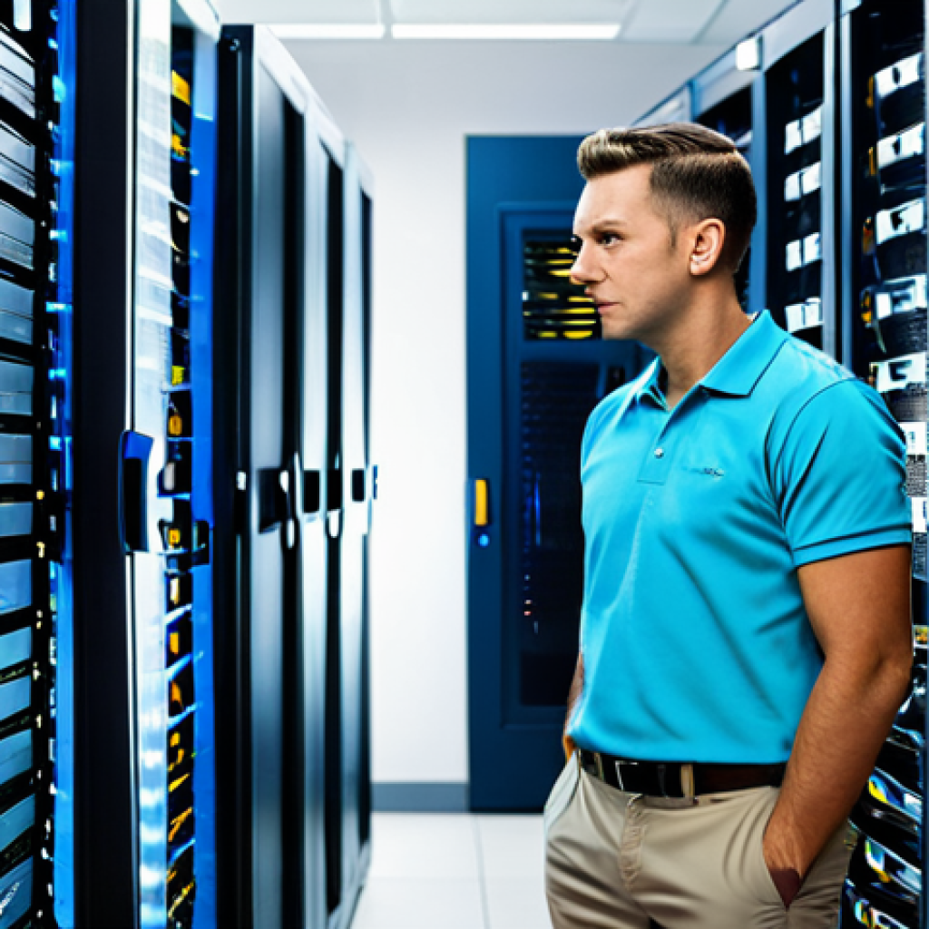 네트워크 실무에서 경험한 데이터 백업 및 복구 사례 - **Image Prompt:** A professional IT technician in a brightly lit server room, wearing a branded comp...