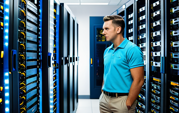 네트워크 실무에서 경험한 데이터 백업 및 복구 사례 - **Image Prompt:** A professional IT technician in a brightly lit server room, wearing a branded comp...