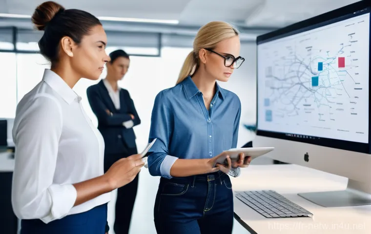 네트워크관리사 취득 후 성공적인 커리어 전환 사례 - **Prompt:** A diverse group of four IT professionals, ranging from their late 20s to early 50s, coll...