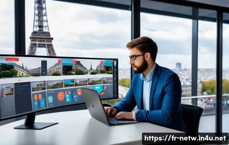 네트워크 자격증 취득 후 연봉 상승 경험담 - A professional IT specialist in a modern Parisian office environment, confidently presenting network...