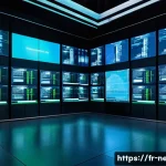 네트워크 실무에서 SDN 적용 사례와 경험 - A futuristic data center control room showcasing a centralized SDN (Software Defined Networking) con...