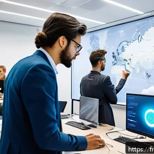 네트워크 자격증 취득이 중요한 이유와 전망 - A professional French office setting where a diverse group of young IT specialists, wearing smart ca...