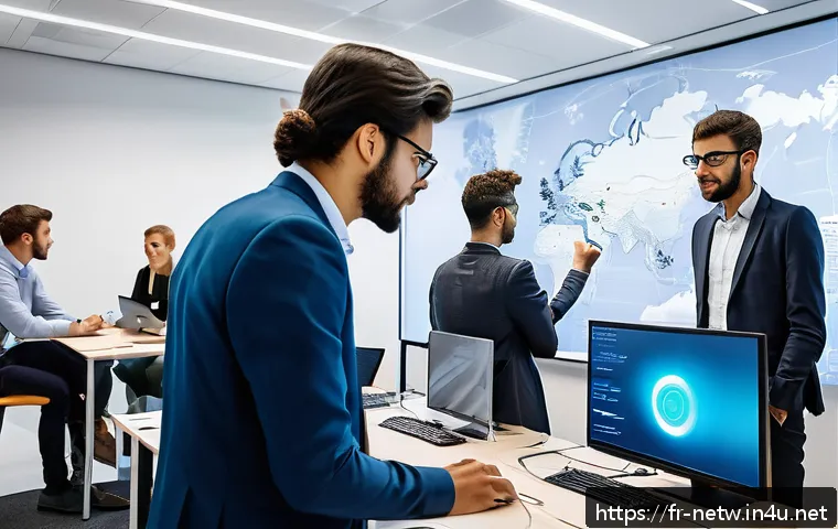 네트워크 자격증 취득이 중요한 이유와 전망 - A professional French office setting where a diverse group of young IT specialists, wearing smart ca...