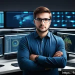 네트워크 실기 시험에서 요구되는 코딩 기술 - A detailed and realistic digital art scene showing a professional network engineer in a modern offic...