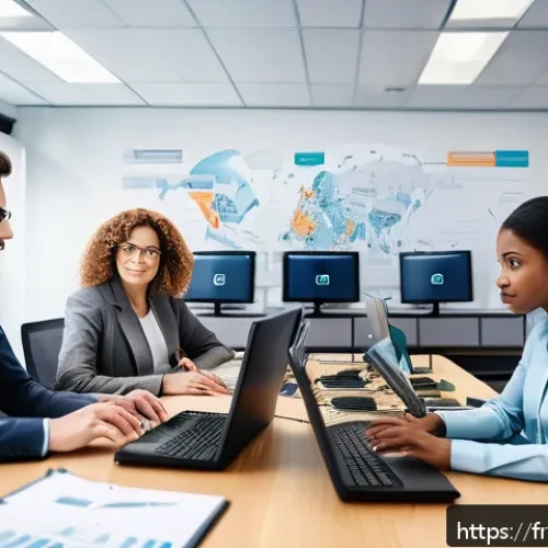 네트워크 실기 시험에서 많이 나오는 시뮬레이션 문제 - A detailed and realistic office network setup scene showing a diverse group of IT professionals coll...