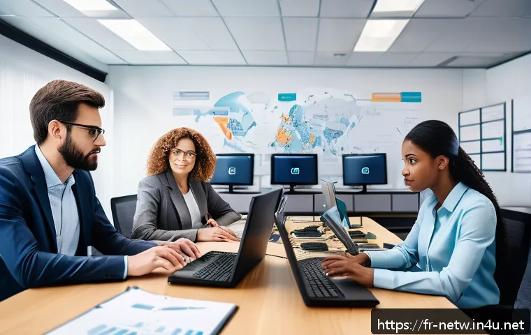네트워크 실기 시험에서 많이 나오는 시뮬레이션 문제 - A detailed and realistic office network setup scene showing a diverse group of IT professionals coll...